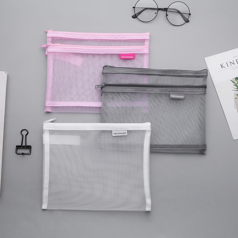 귀여운 A4 두꺼운 나일론 투명 포켓 메쉬 2 겹 지퍼 수납 가방, 크리에이티브 폴더 학교 사무실 문구